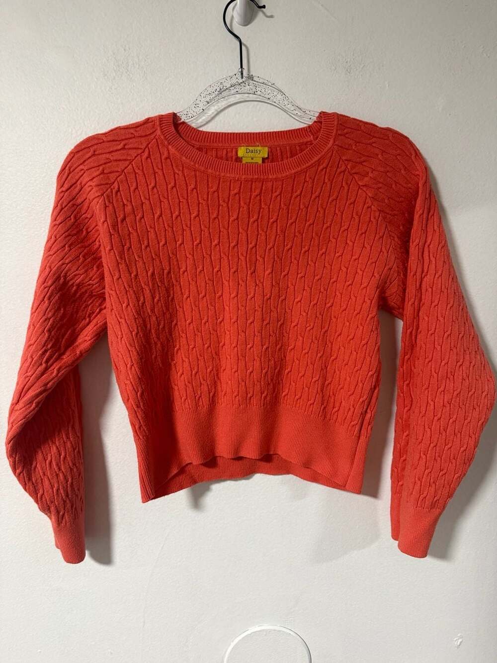Daisy Red Orange Cable Knit Cropped Crewneck Sweater Size M